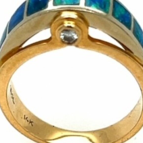 14K Opal Diamond Yellow Gold Dome Size 7. 3/4 Stunning Turquoise Blue Ring - Picture 5 of 5